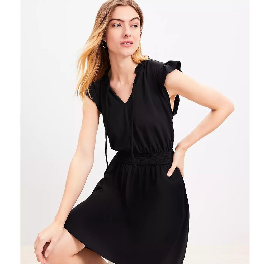 Loft Tie Neck Flutter Mini Flare Dress